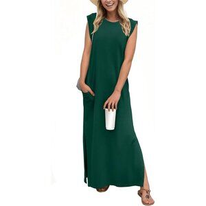 Grecerelle Women Dark Green Round Neck Loose Split Wrinkle-Free Long Maxi Dress
